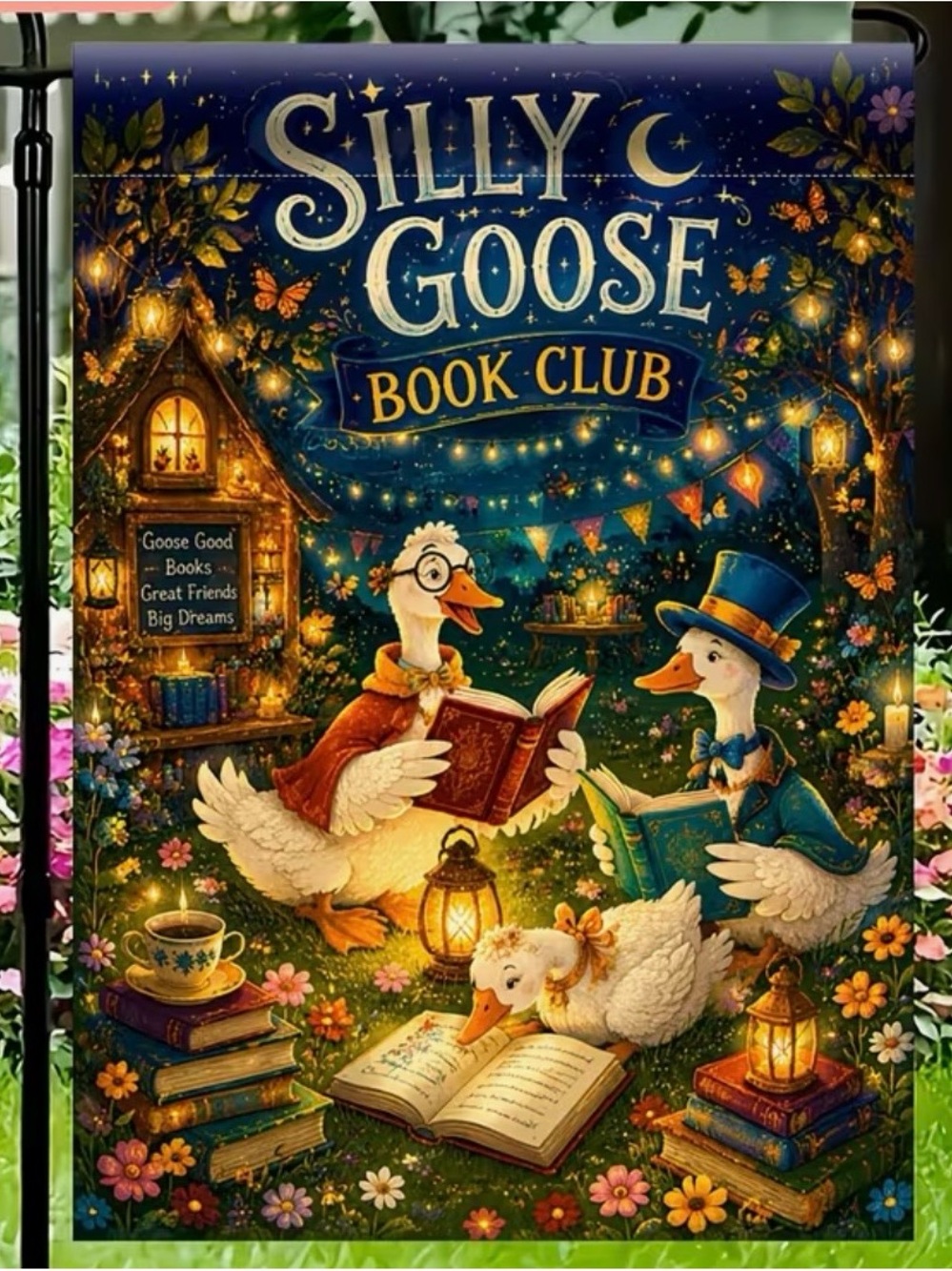 Silly Goose Book Club Garden Flag Whimsical Goose Reading Nature Night